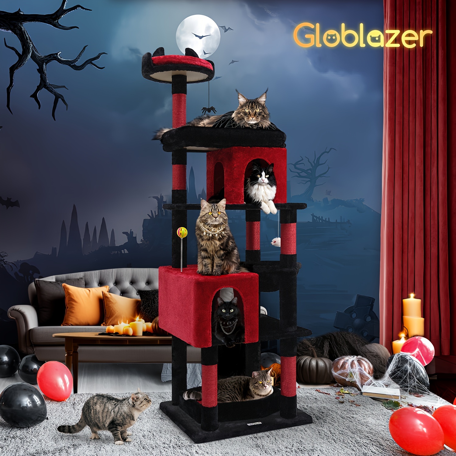 

Globlazer S72 Heavy Duty Gothic Cat Tree For Large Cats 20 Lbs+ | Multi-level Playhouse With , 6 Scratching Posts & Spooky Decor | Sturdy Wooden Frame | Ideal For Maine Coons & Adult | Black