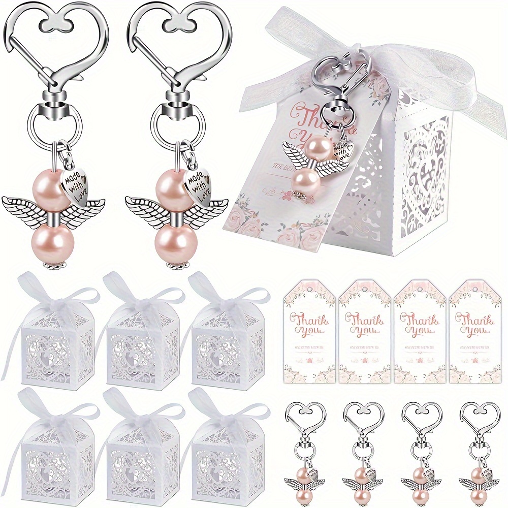 

12pcs/set Pink Or Blue Heart Keychains With White Candy Box And A Thank You Card (can Be Written On The Back) Perfect For Wedding Gifts, Bag And Luggage Decorations Distributions