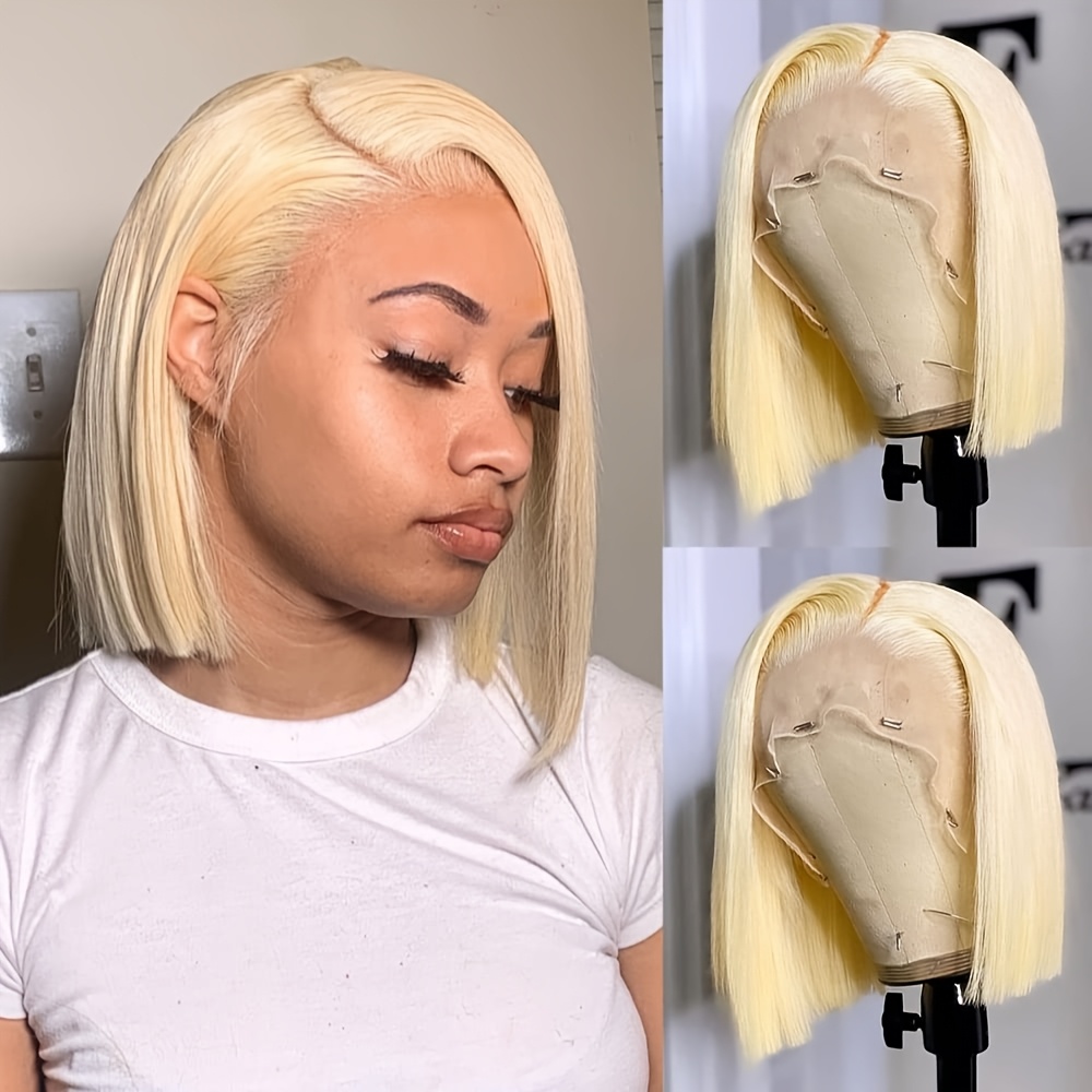Image of 613 Blonde Bob Wig Human Hair Suitable For Women - 13x4 Hd Lace Front Wigs With Hairline, Density Straight Bob Wigs For African, , Asian Hair Loss & Daily Wear ( Human Hair)