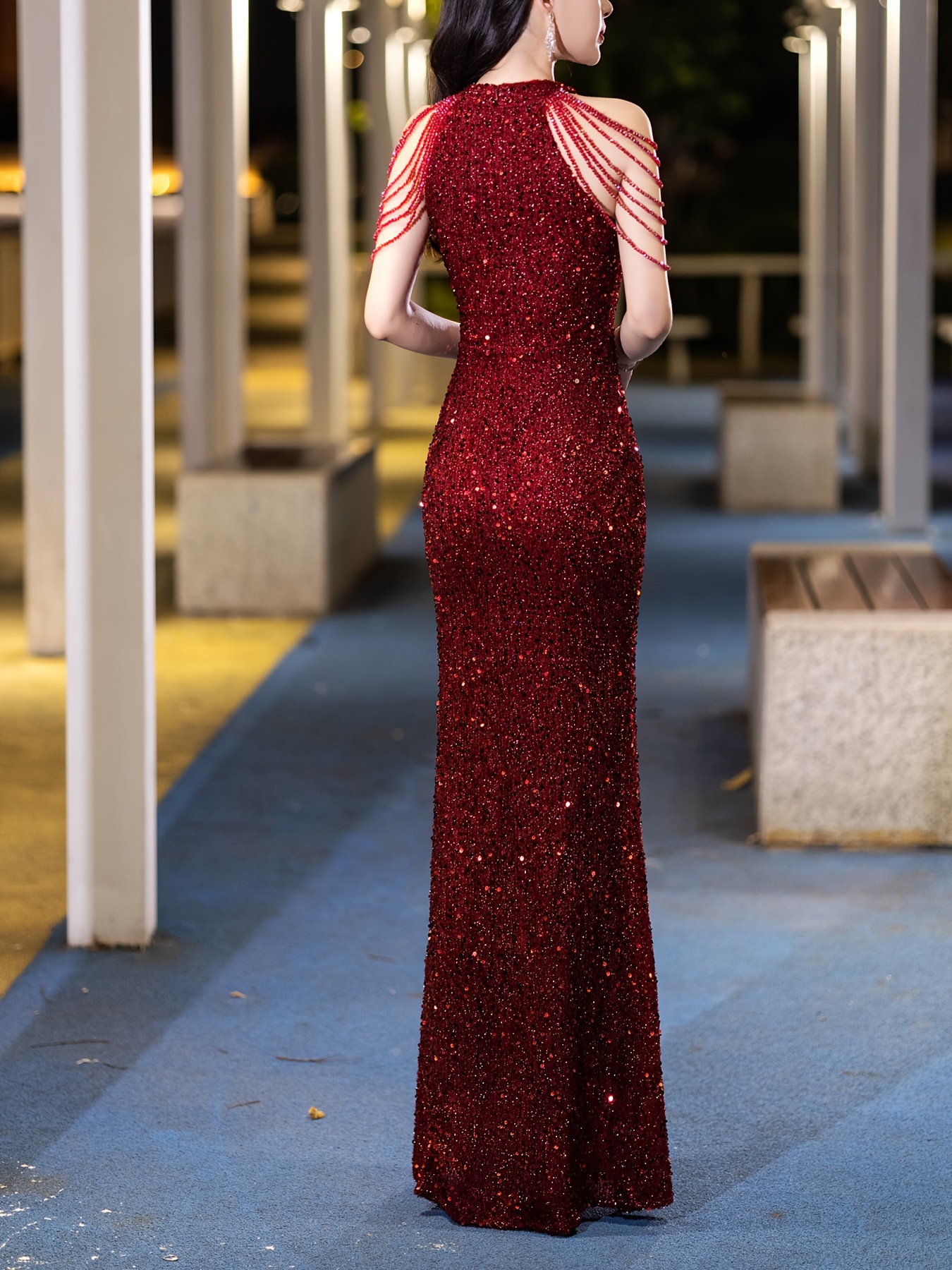 chinese dress ladies New Luxury Blue V-Neck Sequins Evening Dress 2023 Women Party