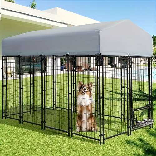 EROMMY 10'x10' Outdoor Dog Kennel, Heavy Duty Large Dog Kennels With Waterproof Cover And Rotating Feeding Door Etrs1731