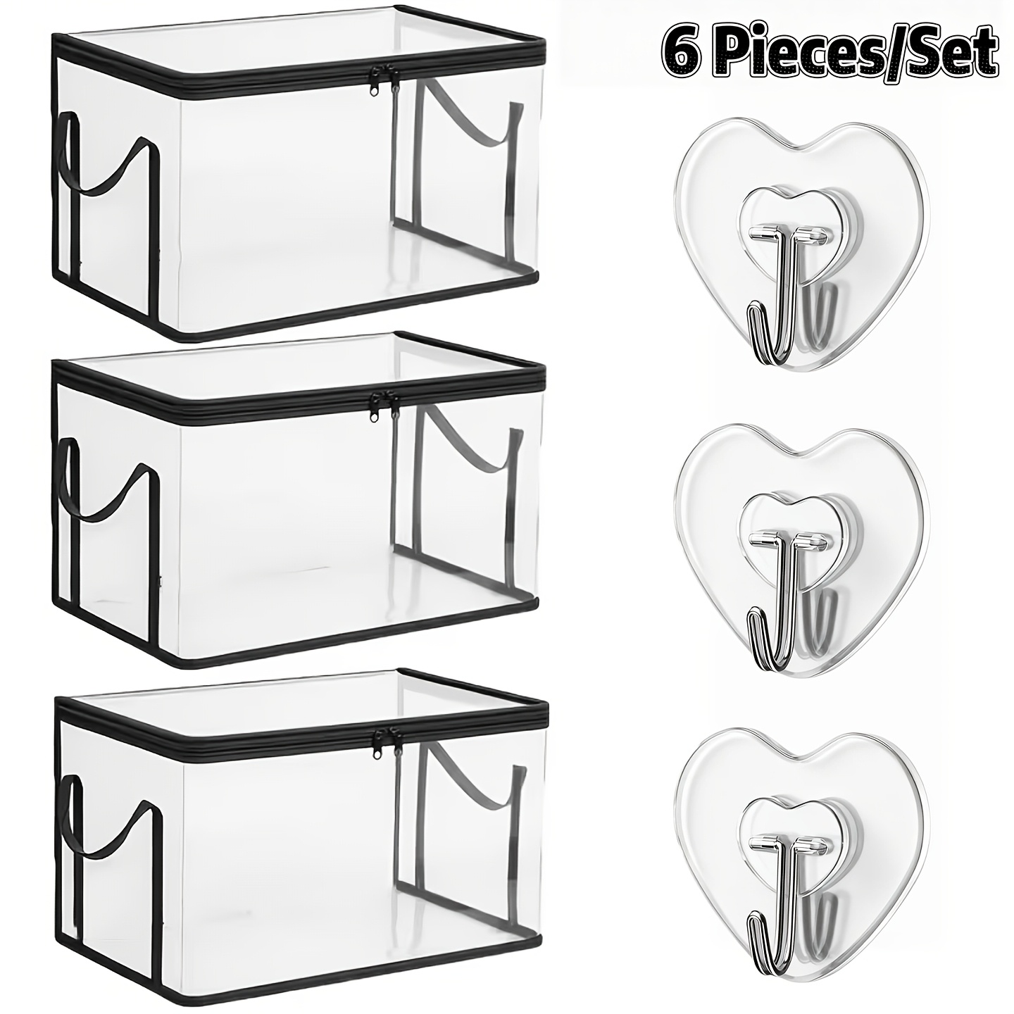 TEMU 6pcs (3 boîtes de rangement grandes et 3 crochets) avec couvercle et à fermeture éclair, grandes boîtes de rangement pour livres et vêtements -