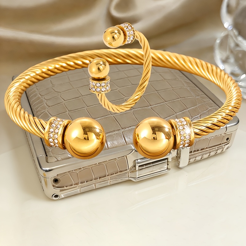 TEMU 2pcs Advanced Weaving Stainless Steel Bracelet And Ring Set With Glass Inlaid Women' Steel Accessories, Luxurious And Expensive, Suitable For