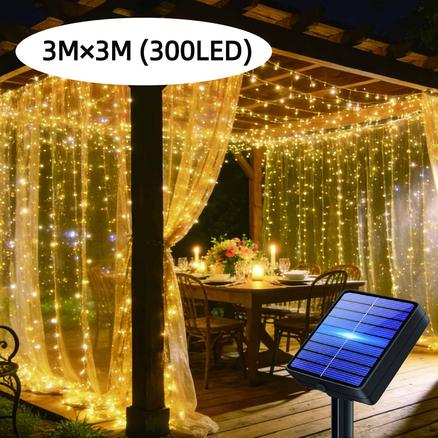 1pack Outdoor Solar Fairy Curtain Lights 300/200/100 Led With 10 Lighting Auto Light-sensing And Auto Decorative Lights For Yards Gardens Weddings Camping Parties Valentine's Day Christmas Decor