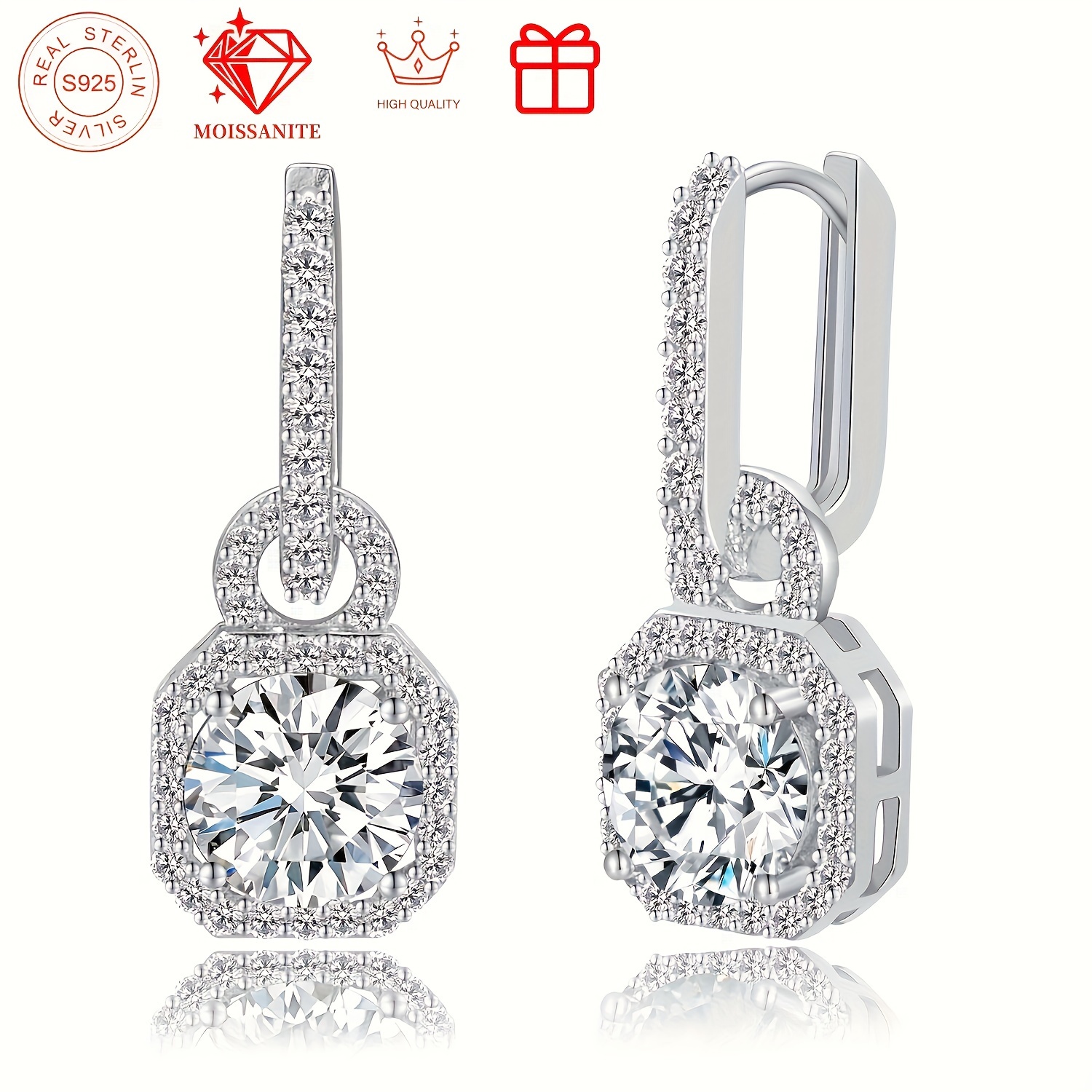 

S925 Sterling Silver 1ct Moissanite Stone Square Drop Earrings Elegant Style Dangle Ear Jewelry Banquet Jewelry Gifts For Women