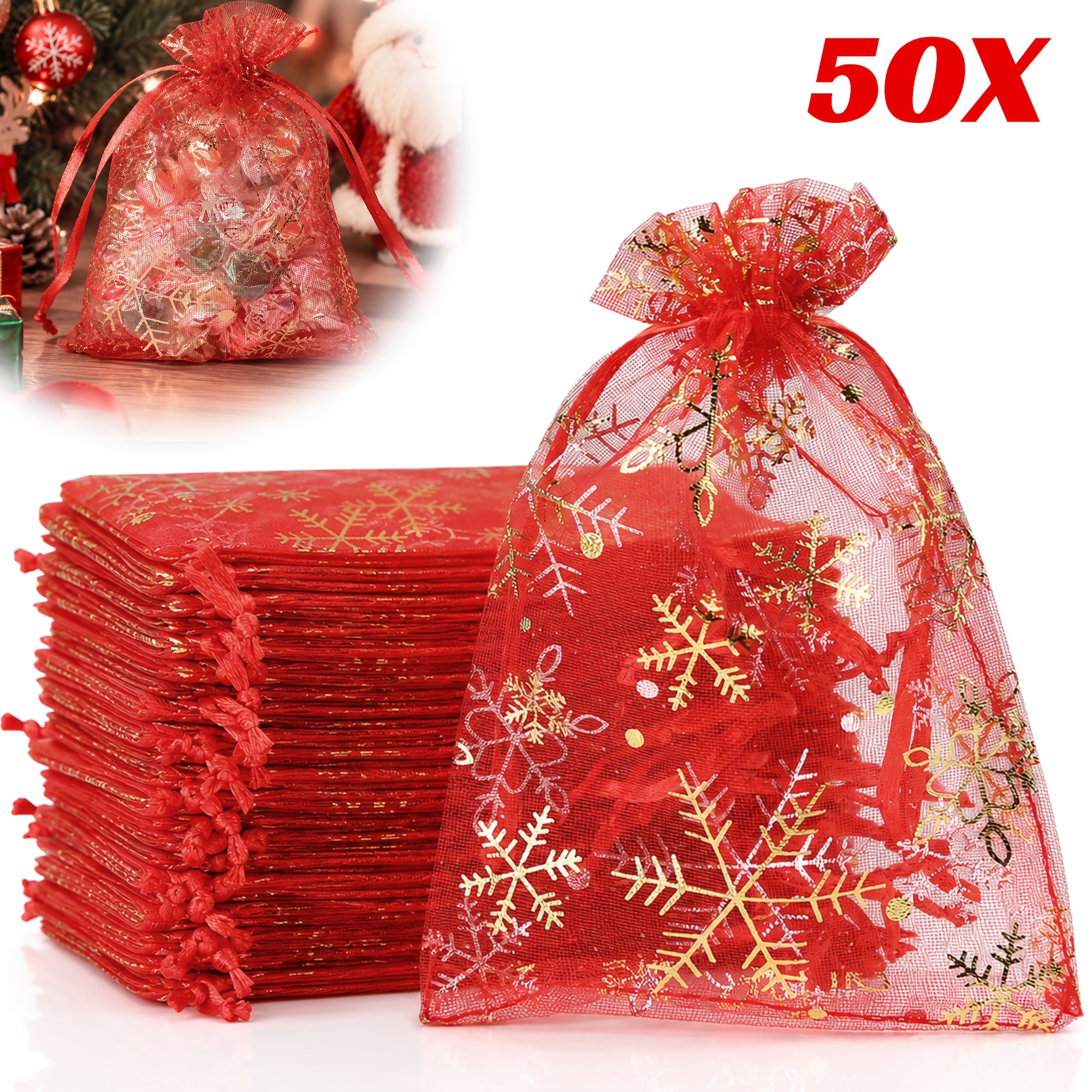 TEMU Sacchetti regalo in organza con di e oro da 50 pezzi con chiusura a cordoncino - Pizzo per matrimoni, Natale, compleanni, confezionamento