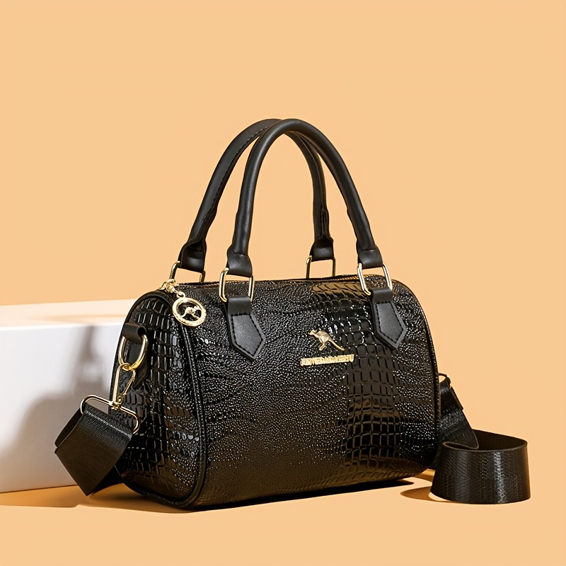 

Elegant Black Crocodile Pattern Pu Handbag - Large Capacity, Crossbody & Shoulder Bag With Zip Closure, Polyester For Women