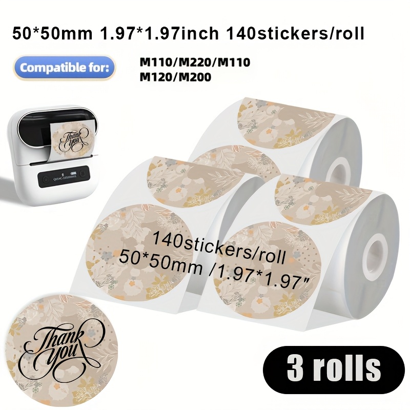 TEMU 1 Roll/3 Rolls 140 Labels Per Roll Vintage Floral Thermal Label Stickers 50mm X 50mm/1.97in X 1.97in Home Small Printer Label Paper Suitable For