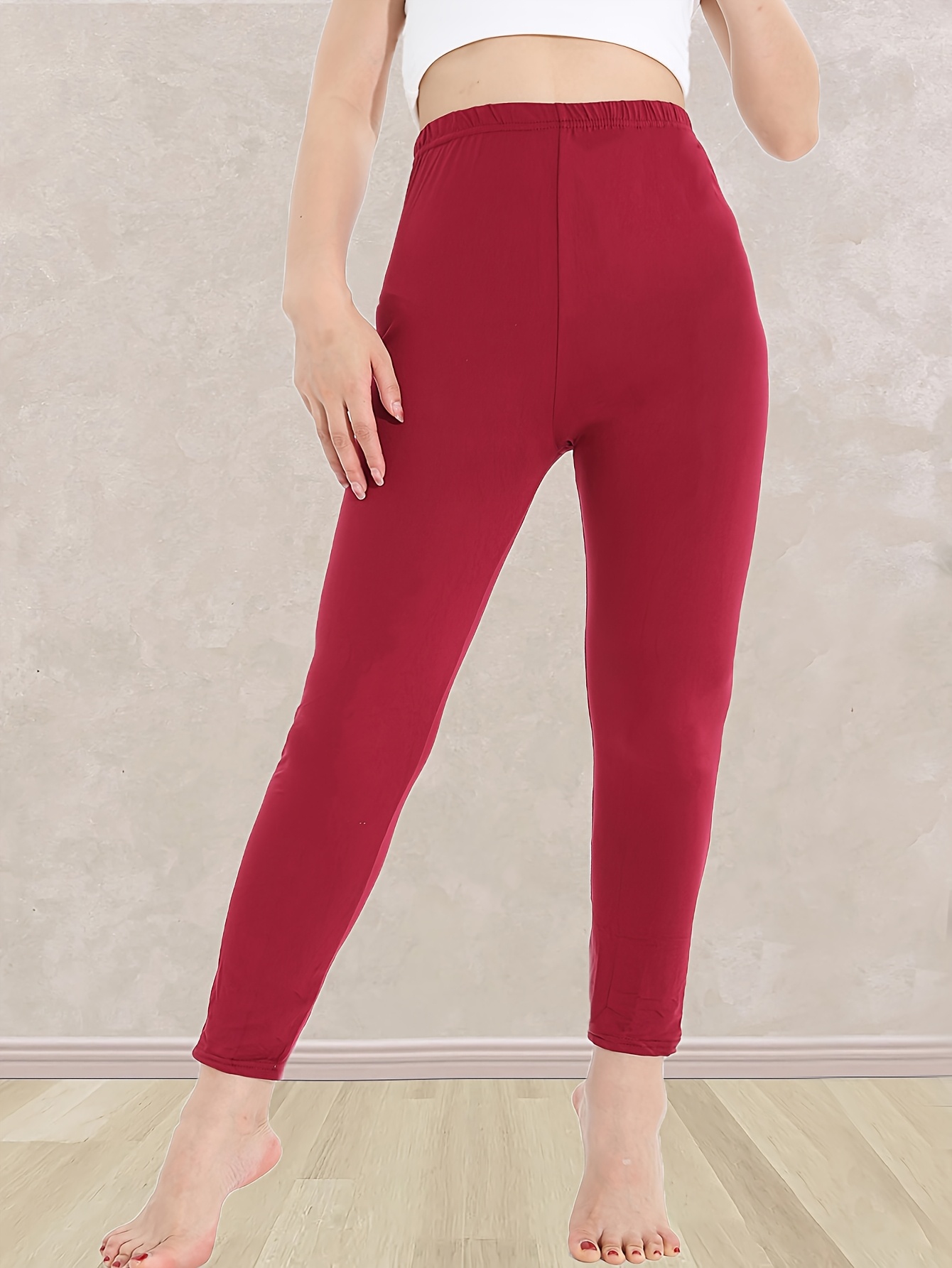 Plus Size, Plus Size Women's High-Waisted Leggings - 4-Way Stretch Elastic Waistband, Solid Black 7/8 Length Pants for, Casual & All-Season Wear - Machine Washable Apparel, Leggings, Versatile Clothing, Highelastic Waistband