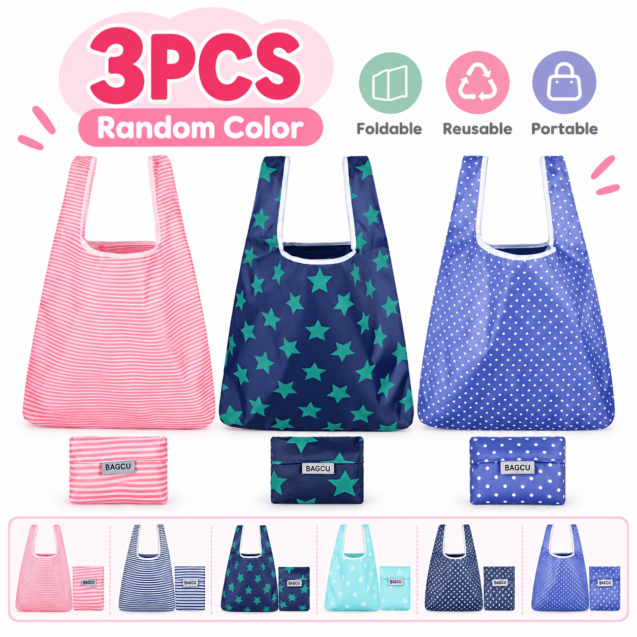 TEMU 3pcs Random Color Foldable Large Capacity Women's Tote Bag, Lightweight Shoulder Handbag Multi-scene Hanging Shopping Bag, Tote Bag For