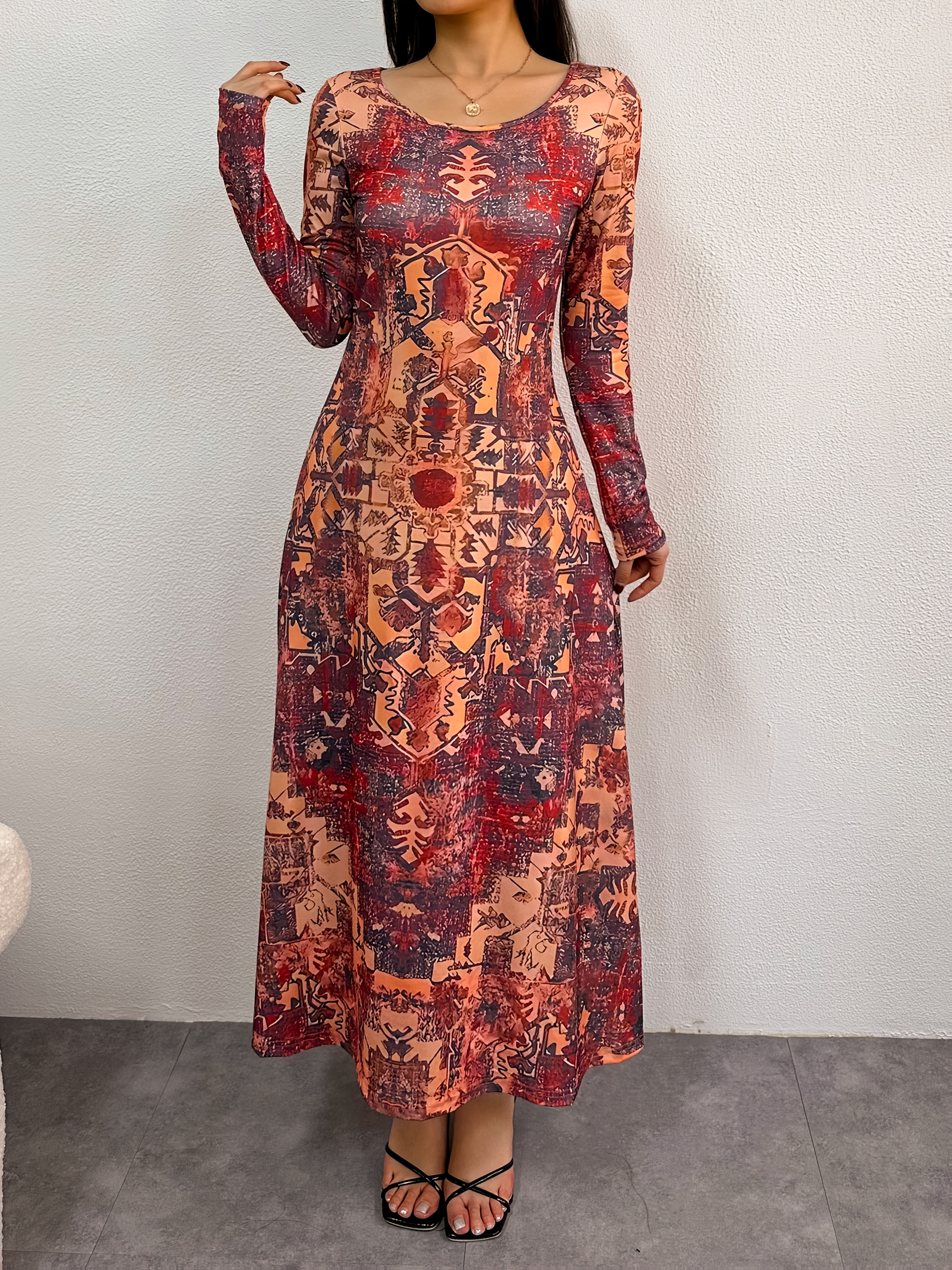 bohemian style long sleeve crew neck maxi dress casual fall - Temu Australia