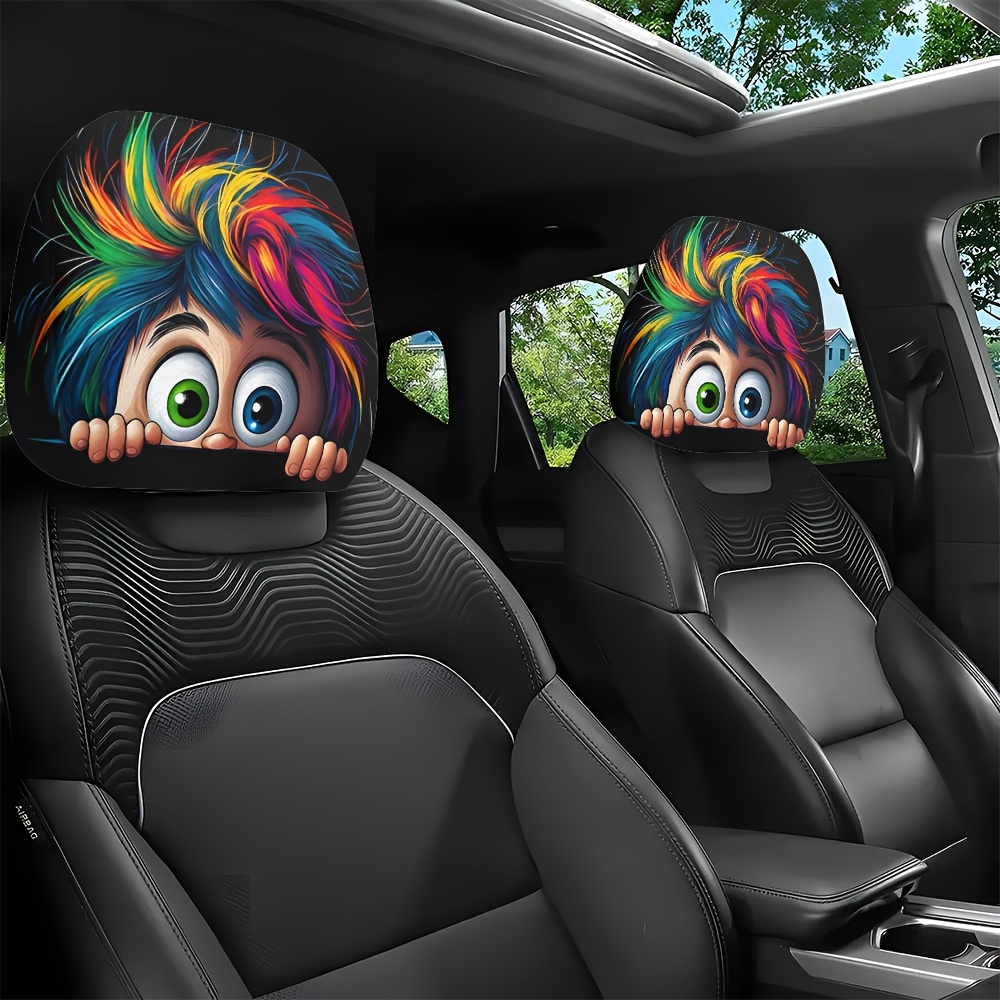 Image of 2pcs Colorful Afro Puff Big- Cute Car Headrest Covers, Double-sided Printed Car Interior Decor, No Filling Material, And Wash. Suitable For Road Trips, Relatives , And Commuting. The Perfect Quirky
