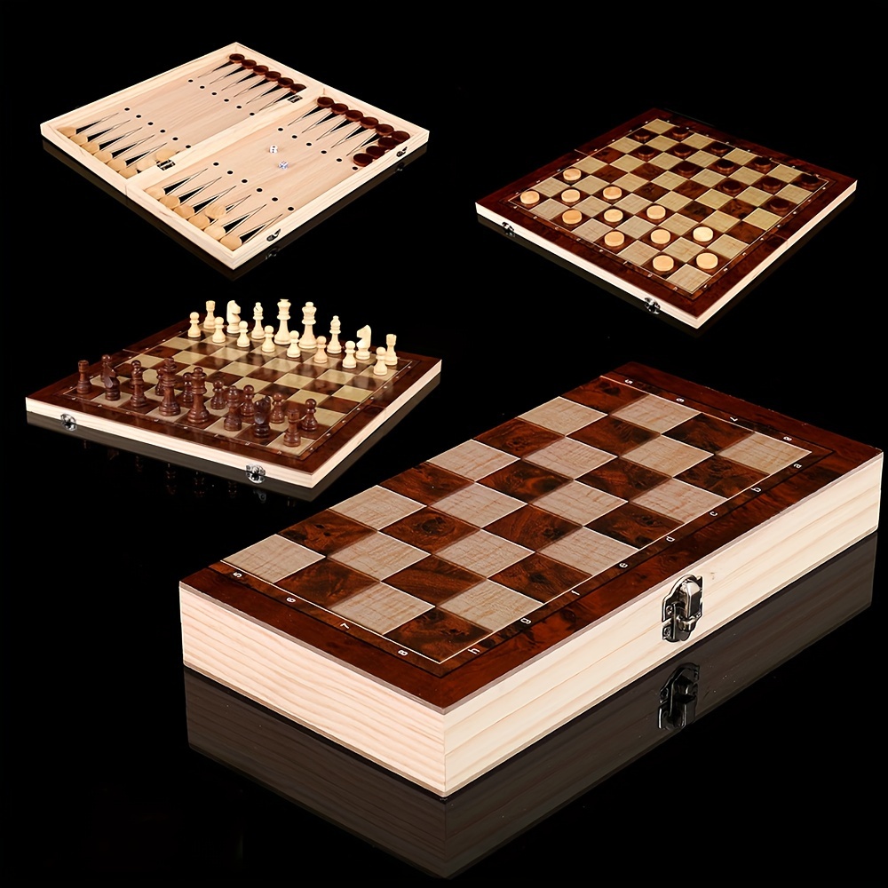 TEMU Premium 3-in-1 Wooden Chess Set - Foldable & Portable With International, & Dual-player Options - Durable & Wear-resistant For , 24cm, Puzzle Games, Games, Gift