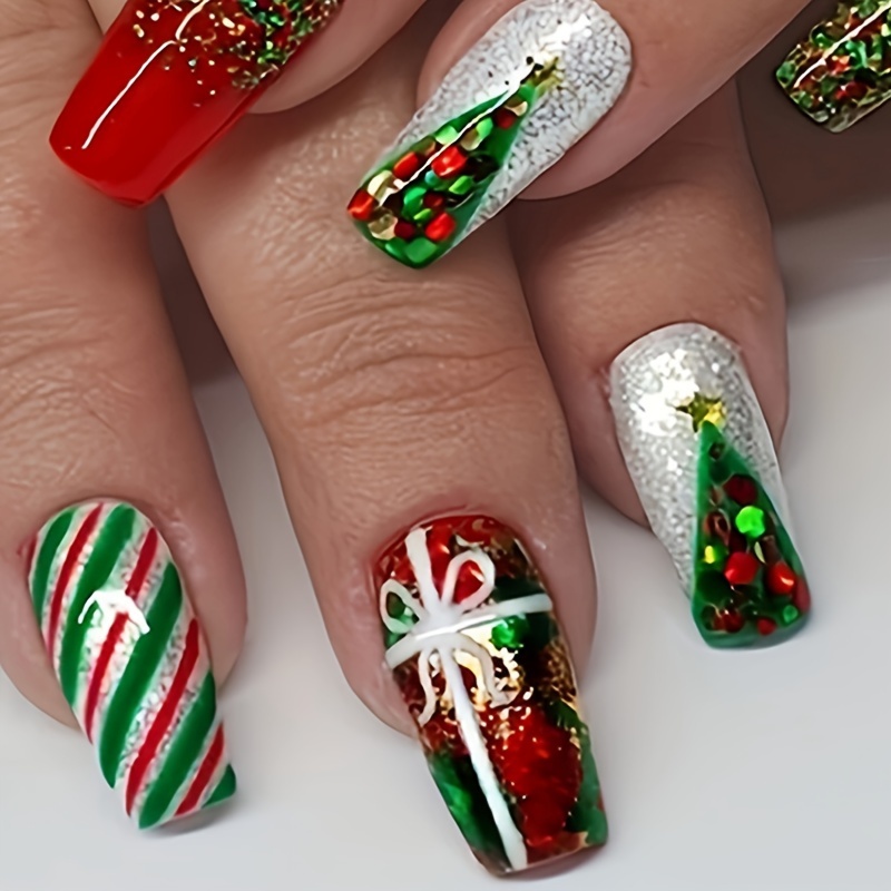 

24-piece Christmas Press On Nails Set, Mixed Color Holiday Theme, Glossy Ballet Shape Fake Nails, Medium Length With Festive Patterns – Easy Application Kit