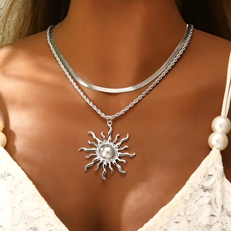 TEMU Sun Stacked Double-layer Snake Bone Pendant Elegant Bone Chain Pendant Necklace, Bohemian Style Jewelry Suitable For Casual Wear Or Gifts,