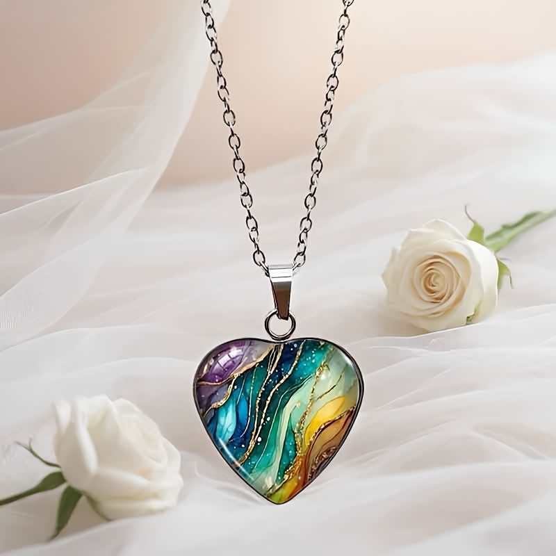 TEMU 1pc Elegant Inspirational Heart-shaped Glass Pendant Necklace, Fashionable Earrings, Perfect For Valentine's Day, Anniversary, And Birthday Gifts