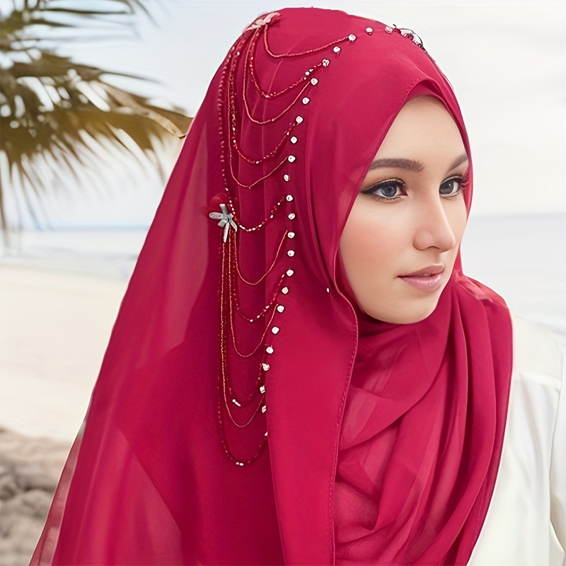 chiffon womens scarf tassels studded floral embroidery long  display picture 3