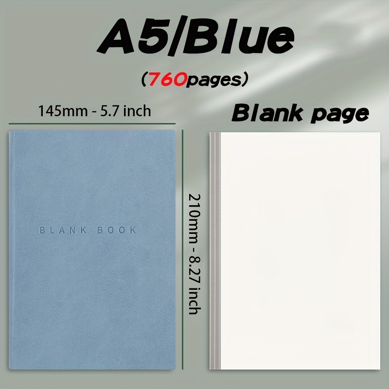 TEMU Minimalist 760 Page Blank Notebook - A5 Size, Suitable For Sketching And Doodling, Made Of Artificial Leather, Soft Cover, Ideal For College Students And Adults