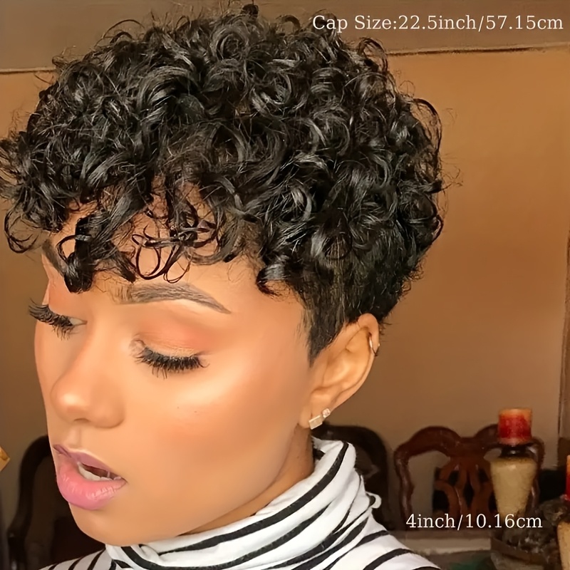 TEMU Chic Cut Wig With Bangs For Women - 180% Density Human Hair, Short Curly Layered Water Wave Style, For , Natural Look For Daily Wear & All Light Beige Tones, Hair Wig
