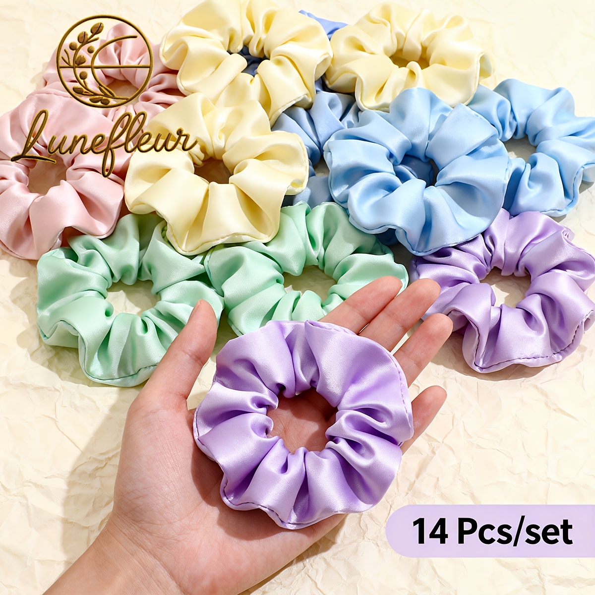 TEMU Lot de 14 chouchous en satin pastel pour femme, 5 couleurs claires mélangées, bandes élastiques douces pour cheveux, accessoires pour , l'été,
