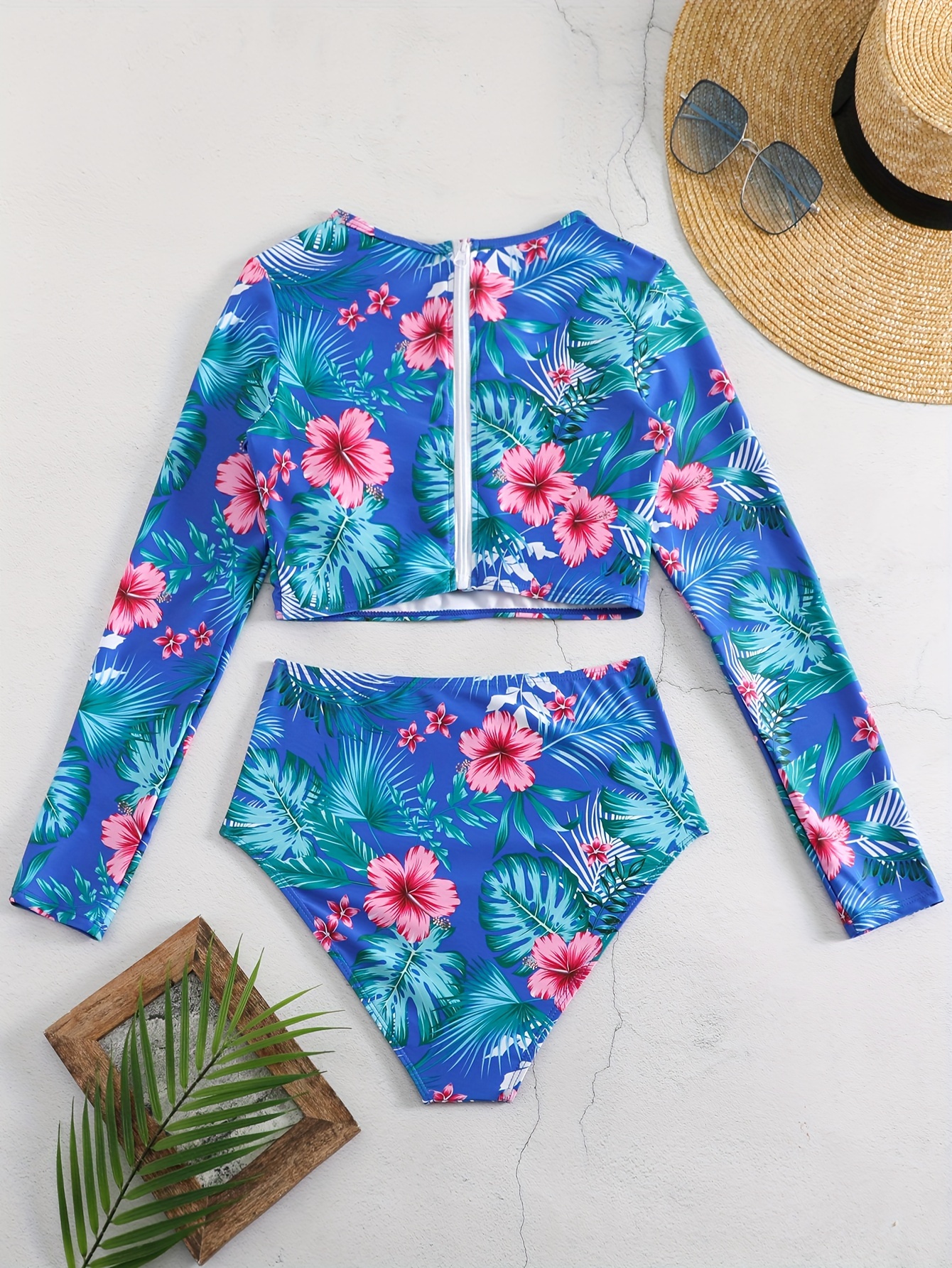 Tropical Print Swimsuits Long Sleeves Round Neck Zipper Back - Temu 