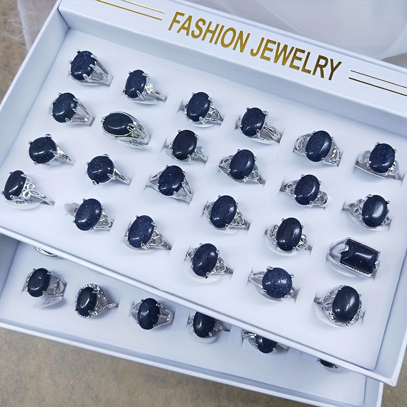 

24pcs With Box Vintage Blue Sand Stone Ring, Mixed Wholesale Synthetic Gem Engagement Ring, Girls Stackable Midi Finger Rings Set Wedding Promise Ring Jewelry Gifts For Women Men
