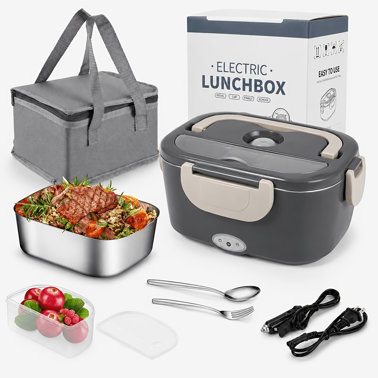 TEMU 1.5l Portable Lunch Box With Heating - Dual Voltage Food Warmer Suitable For Car & Home, Heated With Food Partition Compartments, For Office,