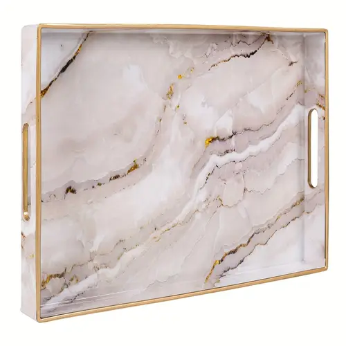 high quality washable plastic decorative serving tray with handles marble look white golden rectangular coffee table tray for ottoman bathroom kitchen camping dining 15 7 x11 8 trays for home decor indoor outdoor use elegant table accessory luxurious