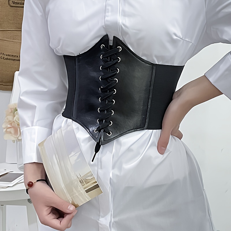 

Elegant Black Faux Leather Corset Belt For Women - Vintage-inspired Waist With Lace-, Evening Wear & Casual Outfits