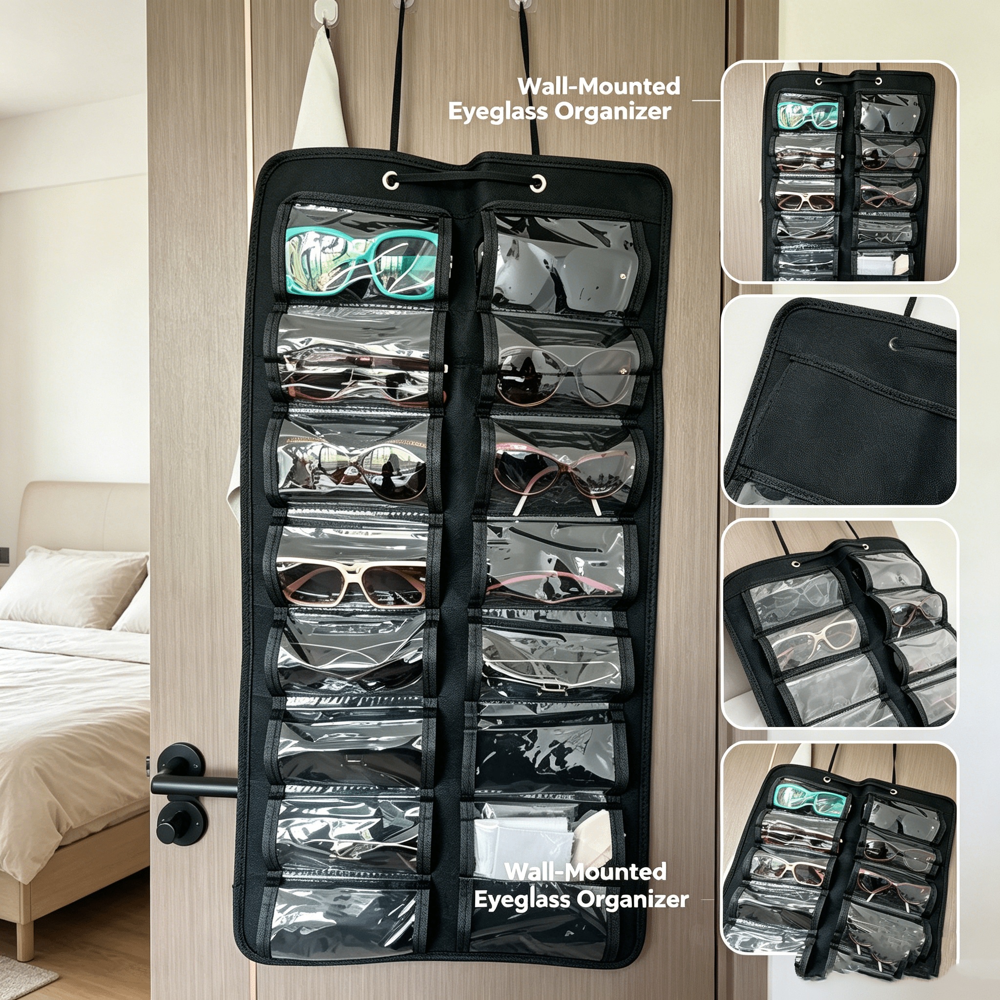 Wall-Mounted Glasses Storage Bag with 16 Grids