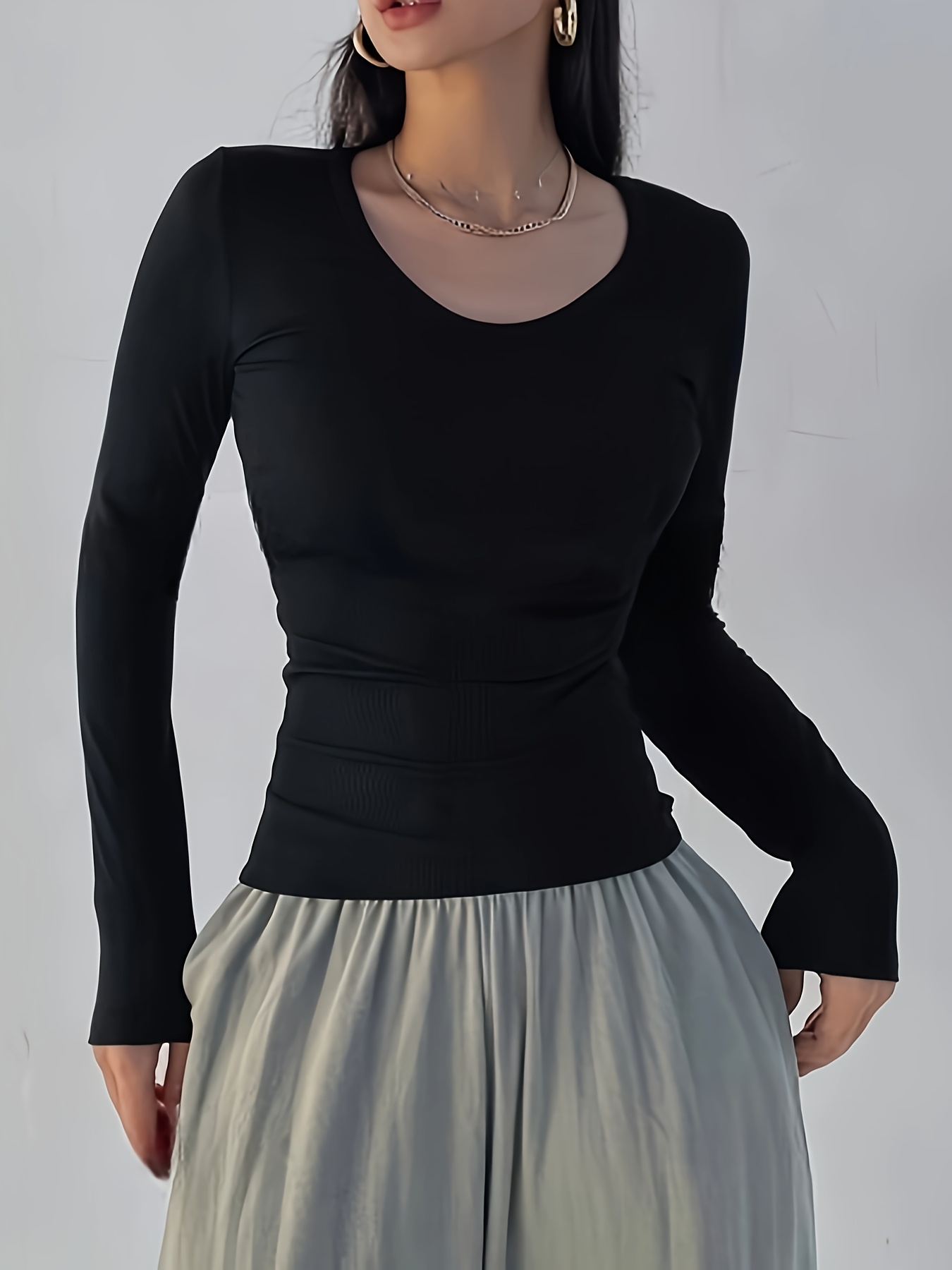 Women's Slim-Fit Ribbed Long Sleeve Top - Solid Black Round Neck Stretch Shirt, All-Season Machine Washable Elegant Casual & Formal Wear, Versatile Clothing, Sophisticated Style, Durable Clothing, Stretchy Fabric, Everyday Outfit, Slim Fit, Comfortable Fit, Fitted Blouse, Office Women