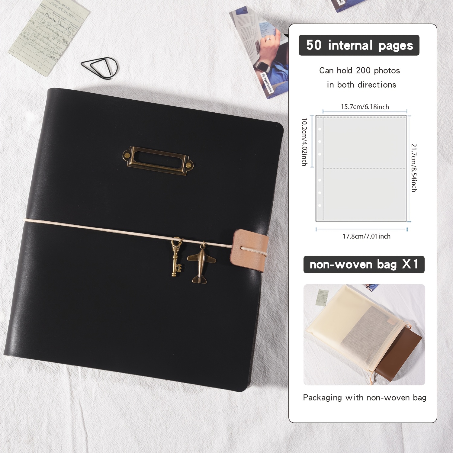 TEMU Vintage Pu Leather Cover With Straps And Retro Pendants, Large Capacity To Hold 200 Photos, Insert-style, 6-inch 4r Photo Album, Family , ,