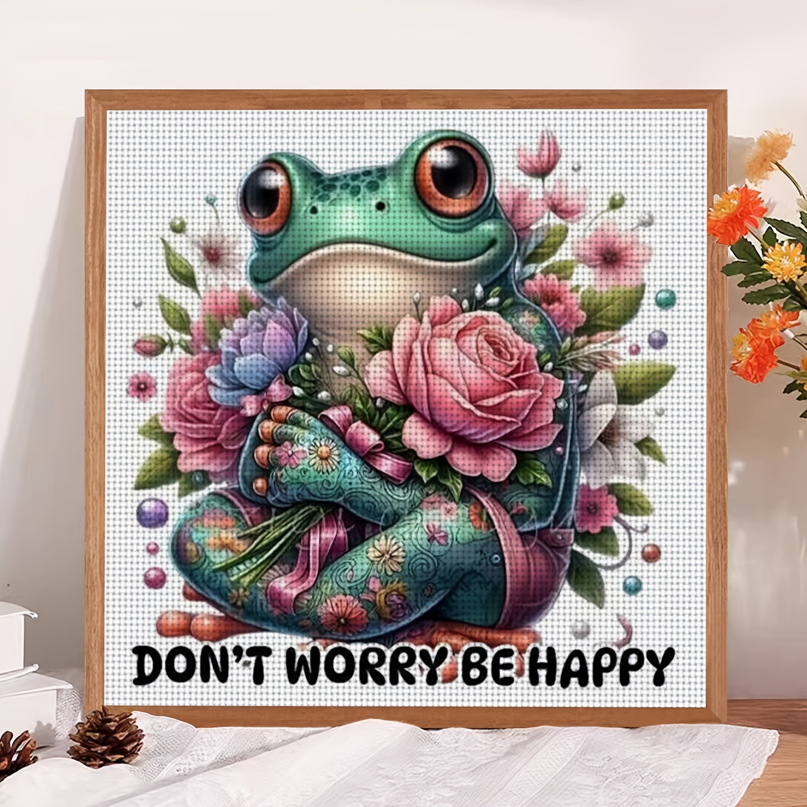 Cross-Stitch Printing Kit, Happy Frog with Flowers Design