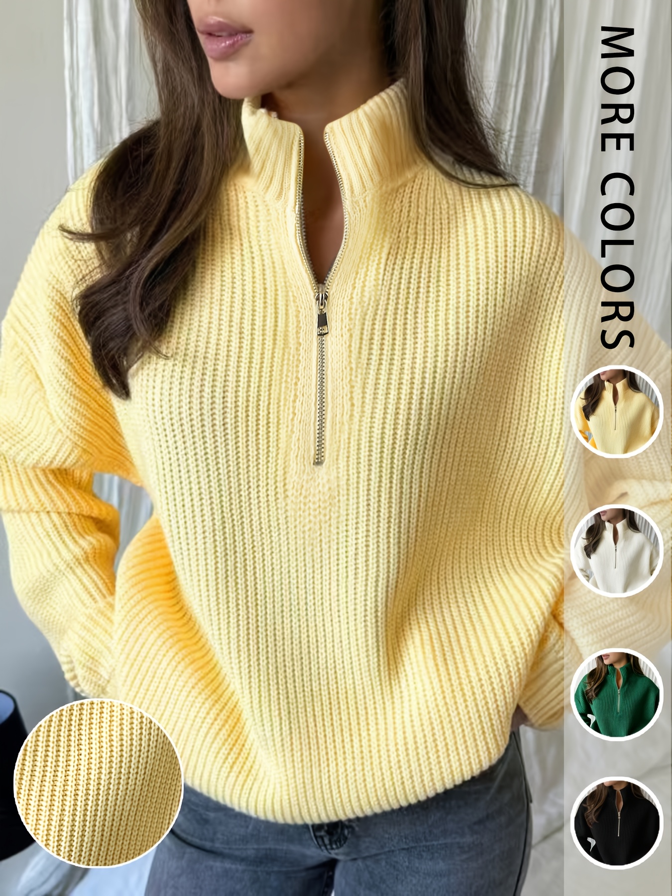 Women's Half-Zip Stand Collar Sweater, Loose Fit