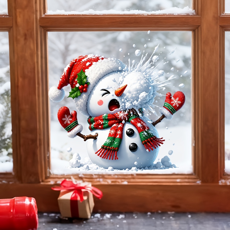 TEMU 1 pièce Autocollant amusant pour fenêtre avec de neige portant un bonnet et une écharpe de Père Noël rouges, des deux côtés, Décalcomanies