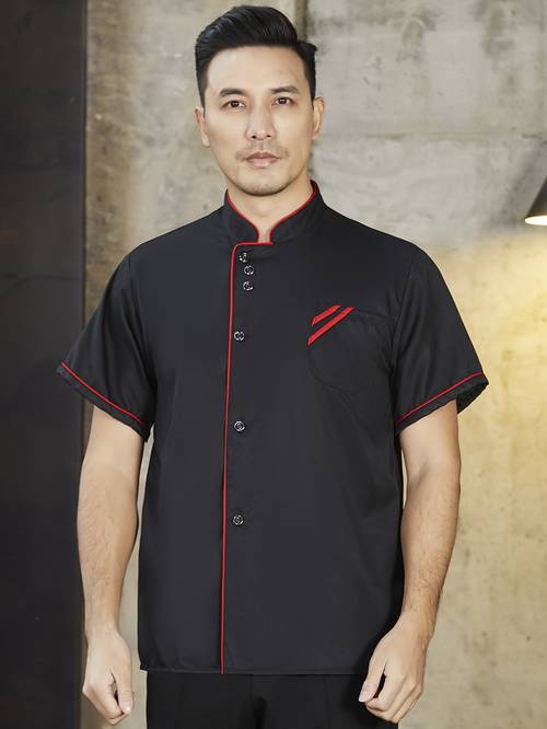 mens breathable short sleeve chef jacket black with red accents casual summer kitchen uniform non stretch fabric collared neck regular fit baking attire collared neckline durable chef