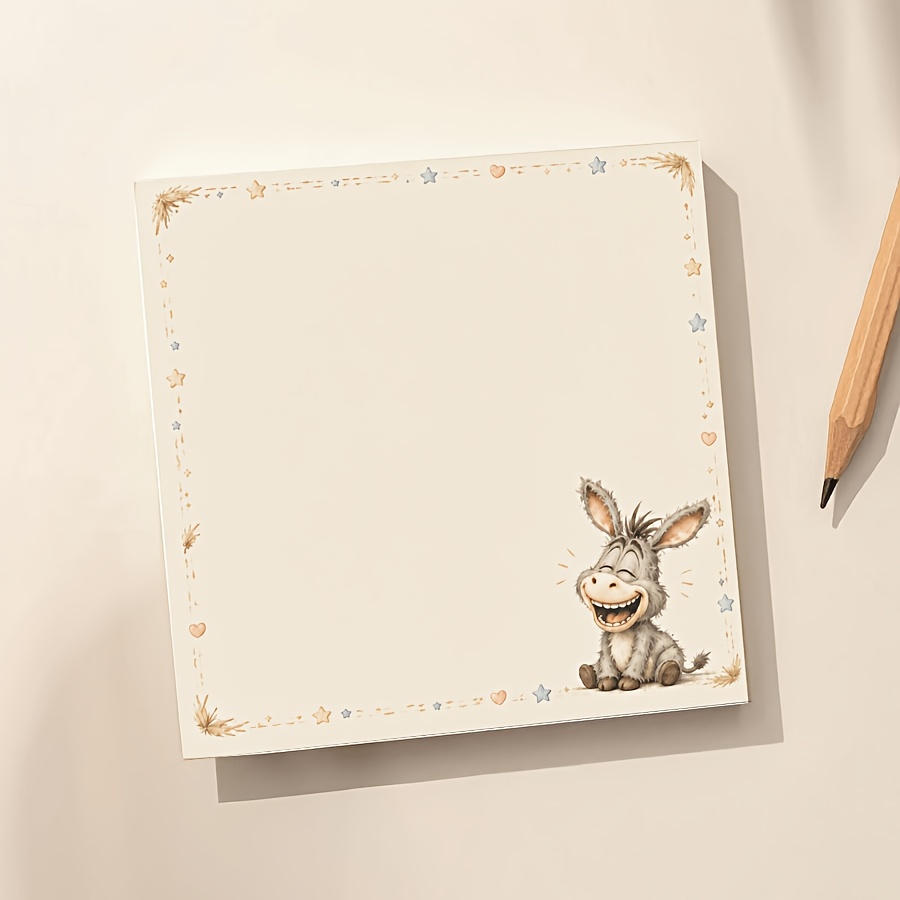 Kawaii Donkey Memo Pad, Cute Smiling Animal Star Heart Border Notepad For Notes, Journaling & Office Use
