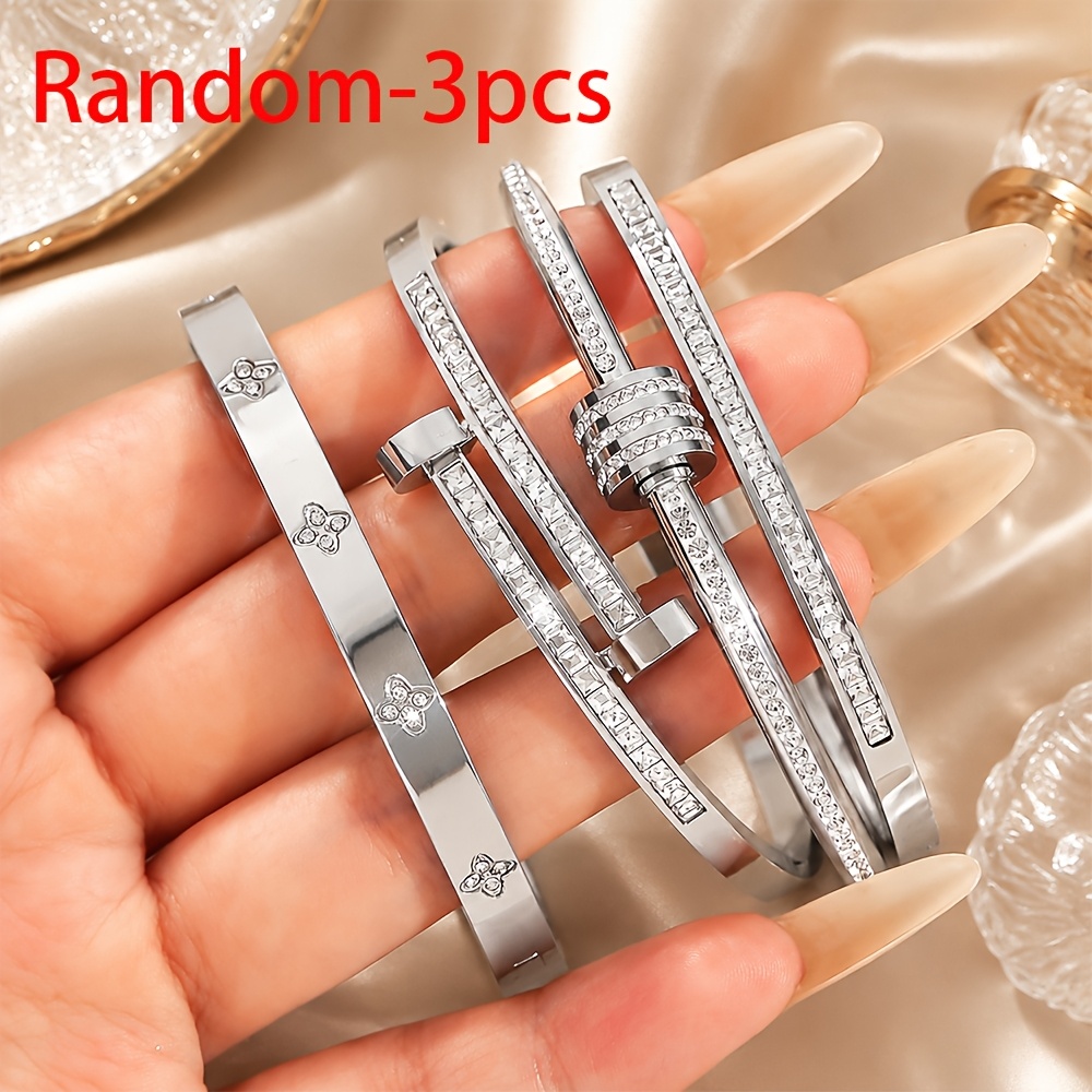 Random 3pcs Titanium Steel Stainless Steel Bangle Bracelet, Suitable For Holiday Gifts