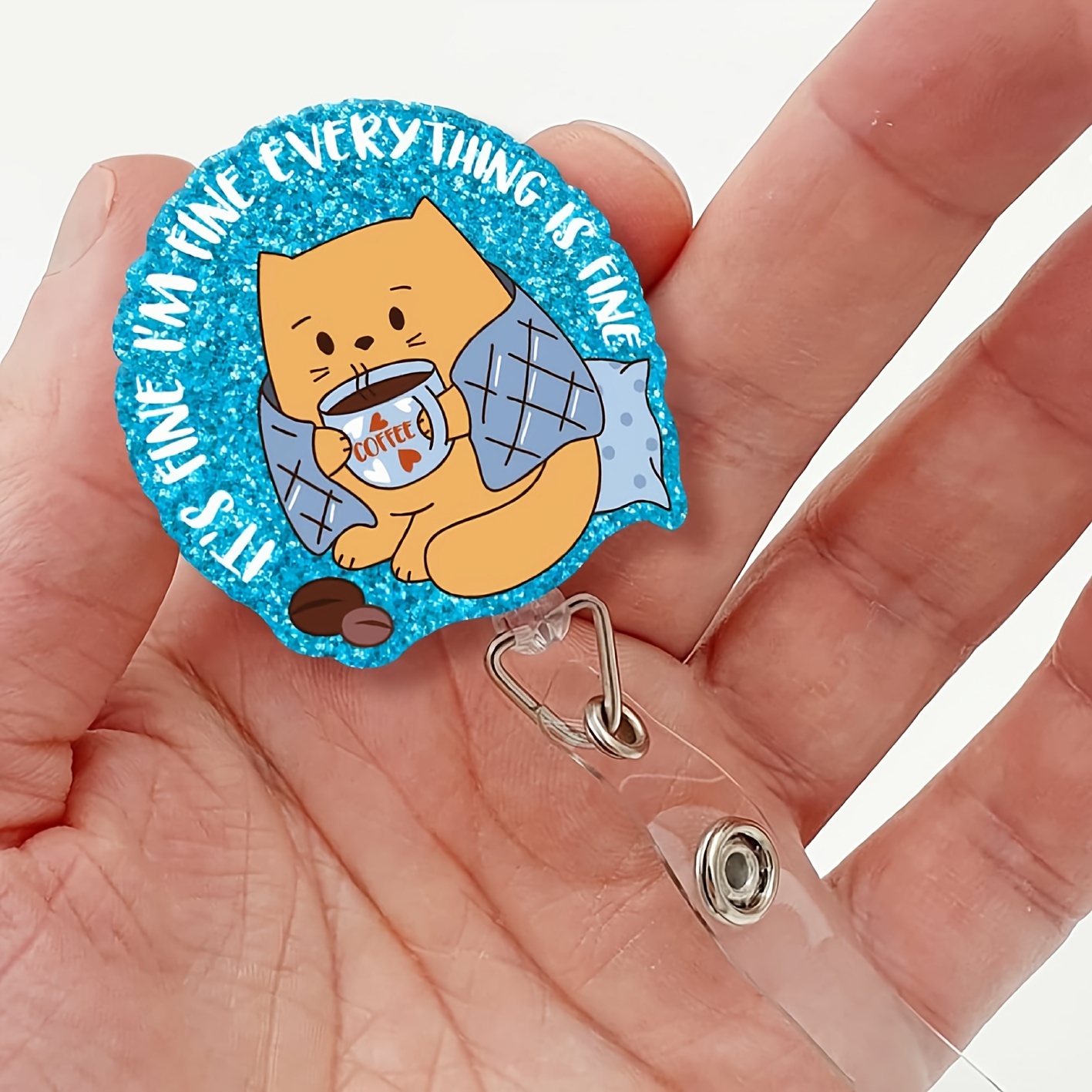 1pc It's Fine I'm Fine Everything Is Fine Blue Retractable Glitter Badge Reel With Alligator Clip, Funny Badge Holder Gift For Cat Lover Coffee