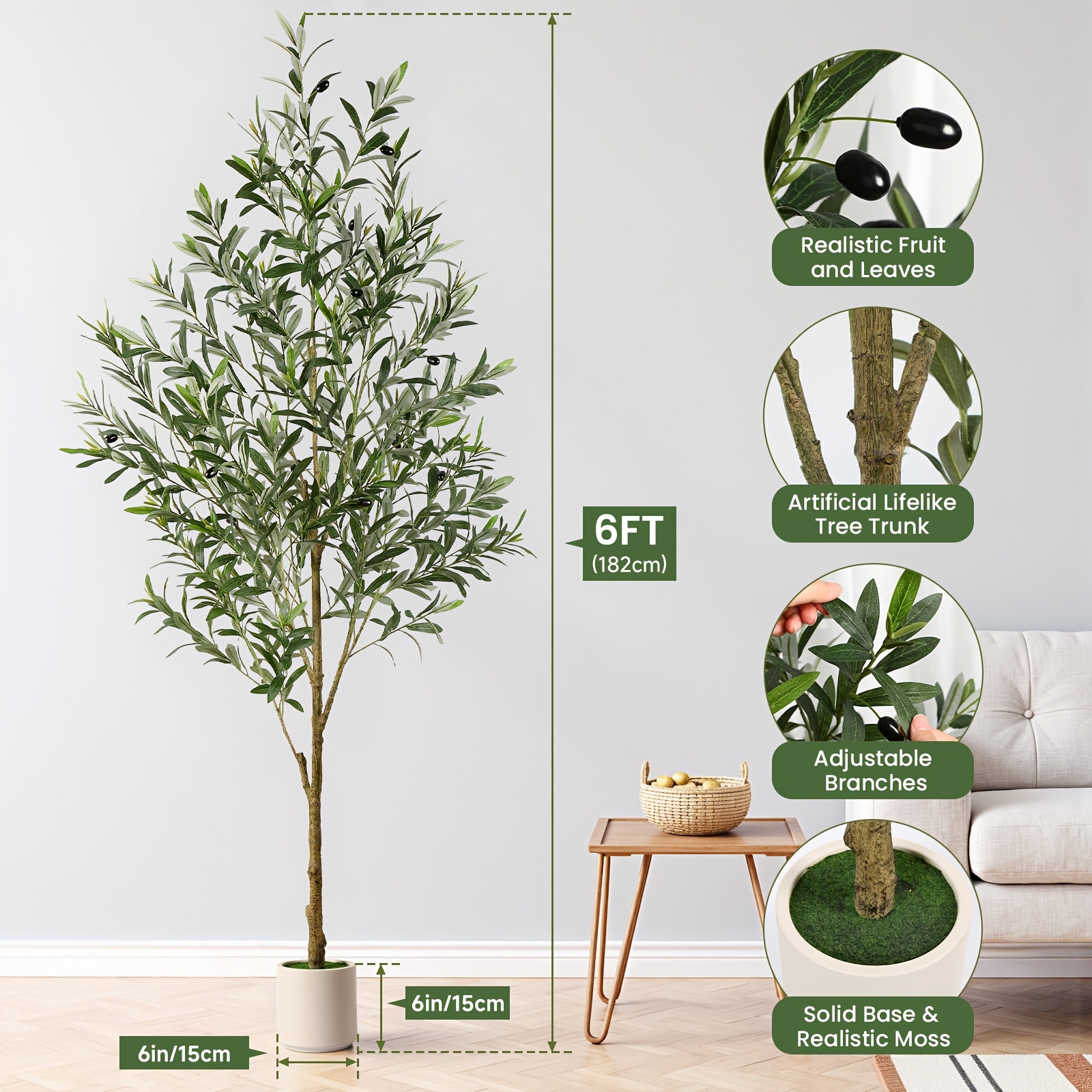1.5/1.8/2.1m Artificial Olive Tree Silk Plant, Indoor Fake Olive Tree With Natural Wood Trunk & Lifelike Fruits, Perfect For Modern Home Office Living Room Floor Decor, 5/6/7 Ft