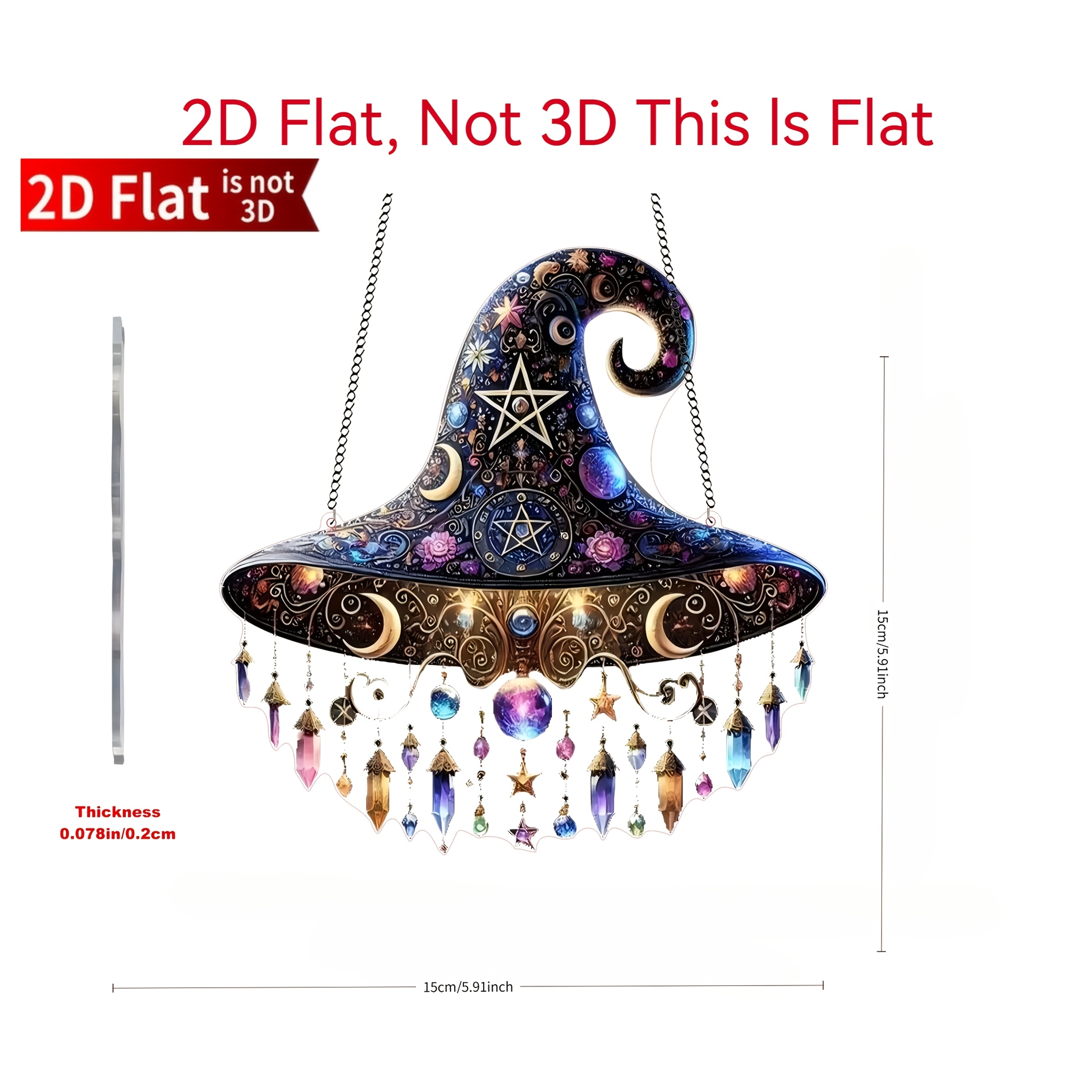 Image of 2d Flat, Magic Wizard Hat Sun Catcher - And Purple With Stars, Moon, And Acrylic Embellishments - Ideal For Halloween, Birthdays, And Room Decor - Festive Wall Hanging For Women, Men, And