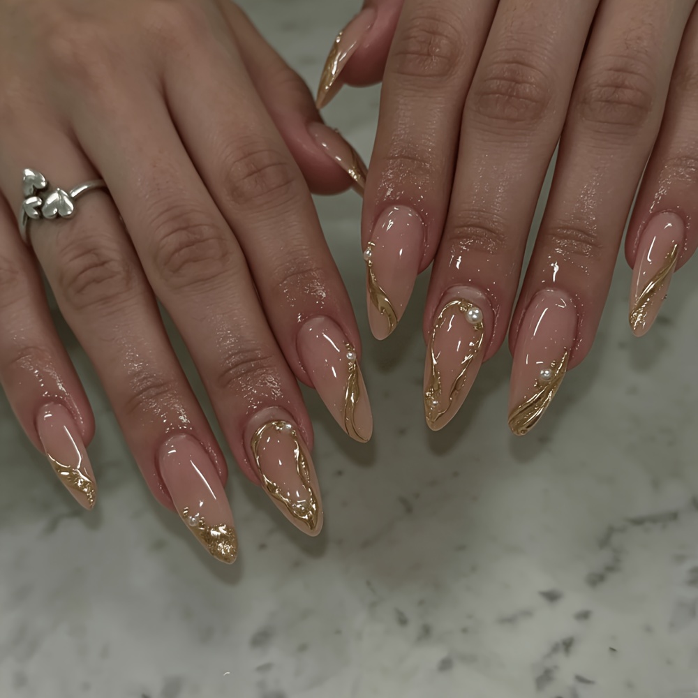 TEMU 24pcs Short Almond-shaped New Irregular Press-on Nails With Golden Lines And Pearls, Removable Nail Stickers, Finished Nails Suitable For Women'