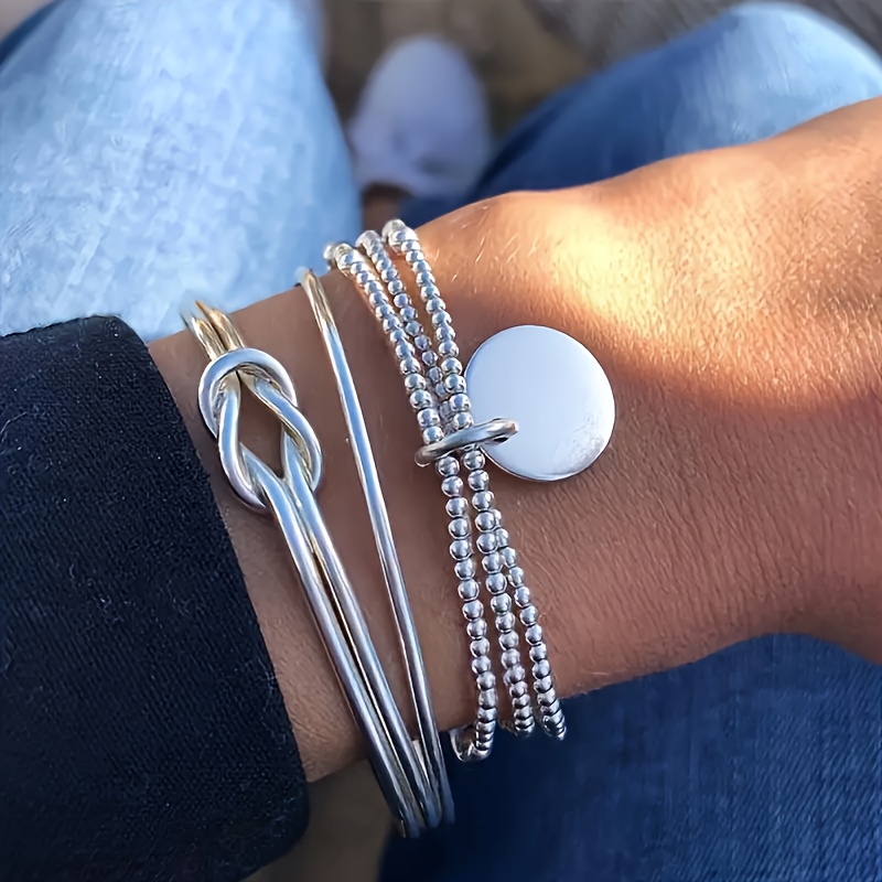 Image of 3pcs Women's Fashion Elegant Geometric Knot Handmade Bead Disc Set Individual Stackable Silvery Bangle Suitable For Daily Wear Christmas Halloween Valentine's Day New Year Gift