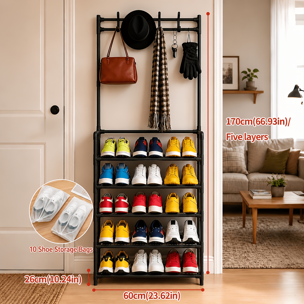 5-Tier & 3-Tier Multifunctional Storage Rack, Entryway Organizer for Shoes & Hats, Ideal for Home, Living Room, Dorm, with 10 White Shoe Storage Bags Included