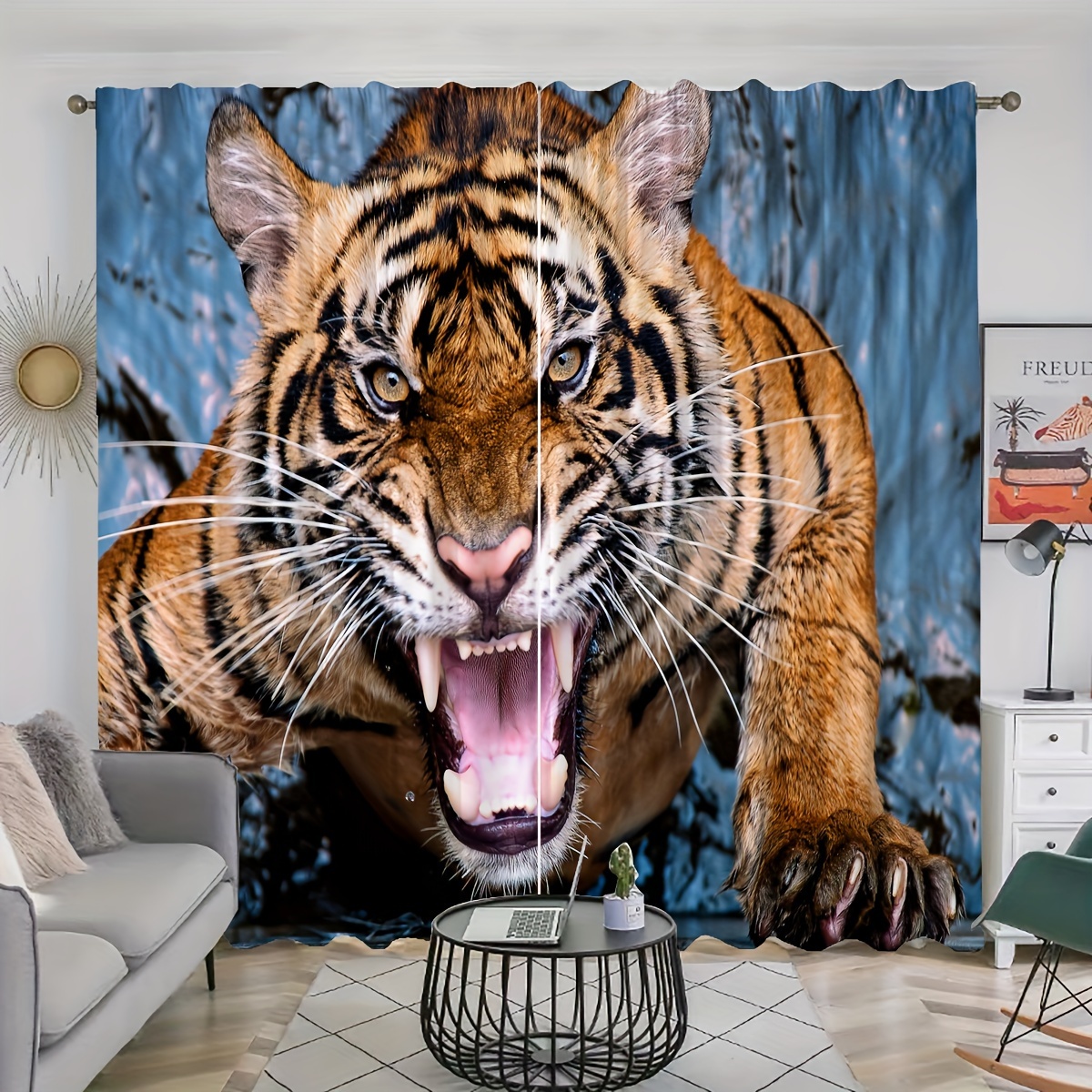 

2pcs Angry Tiger Print Curtains, Rod Pocket Curtain, Suitable For Restaurant Public Place Living Room Bedroom Office Study, Home Decor