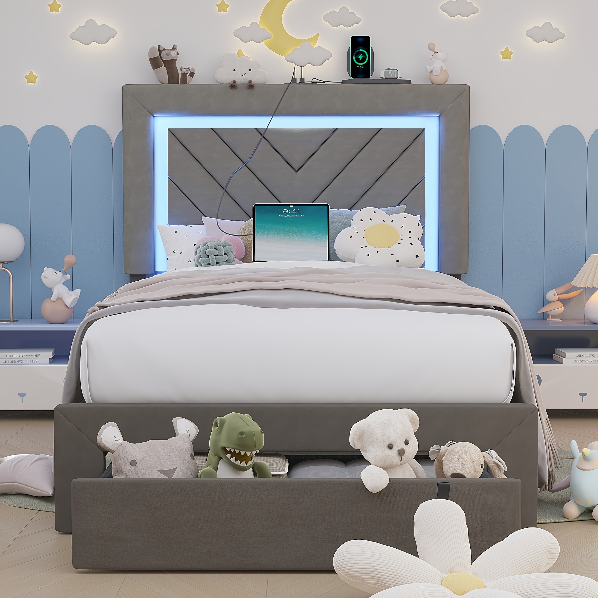 Upholstered Bed Frame with RGB LED & Charging Station