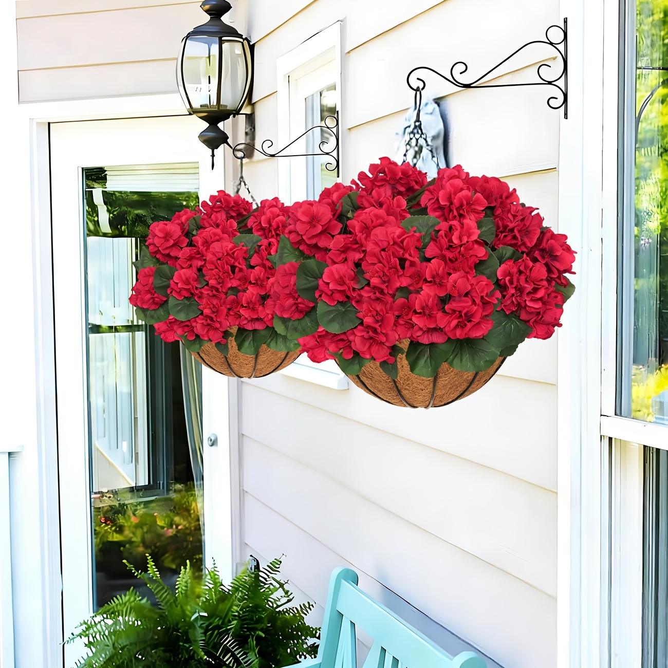 2 Sets Artificial Red Geranium Flowers with Hanging Baskets and Planters, 12pcs Each for Garden and Home Decor