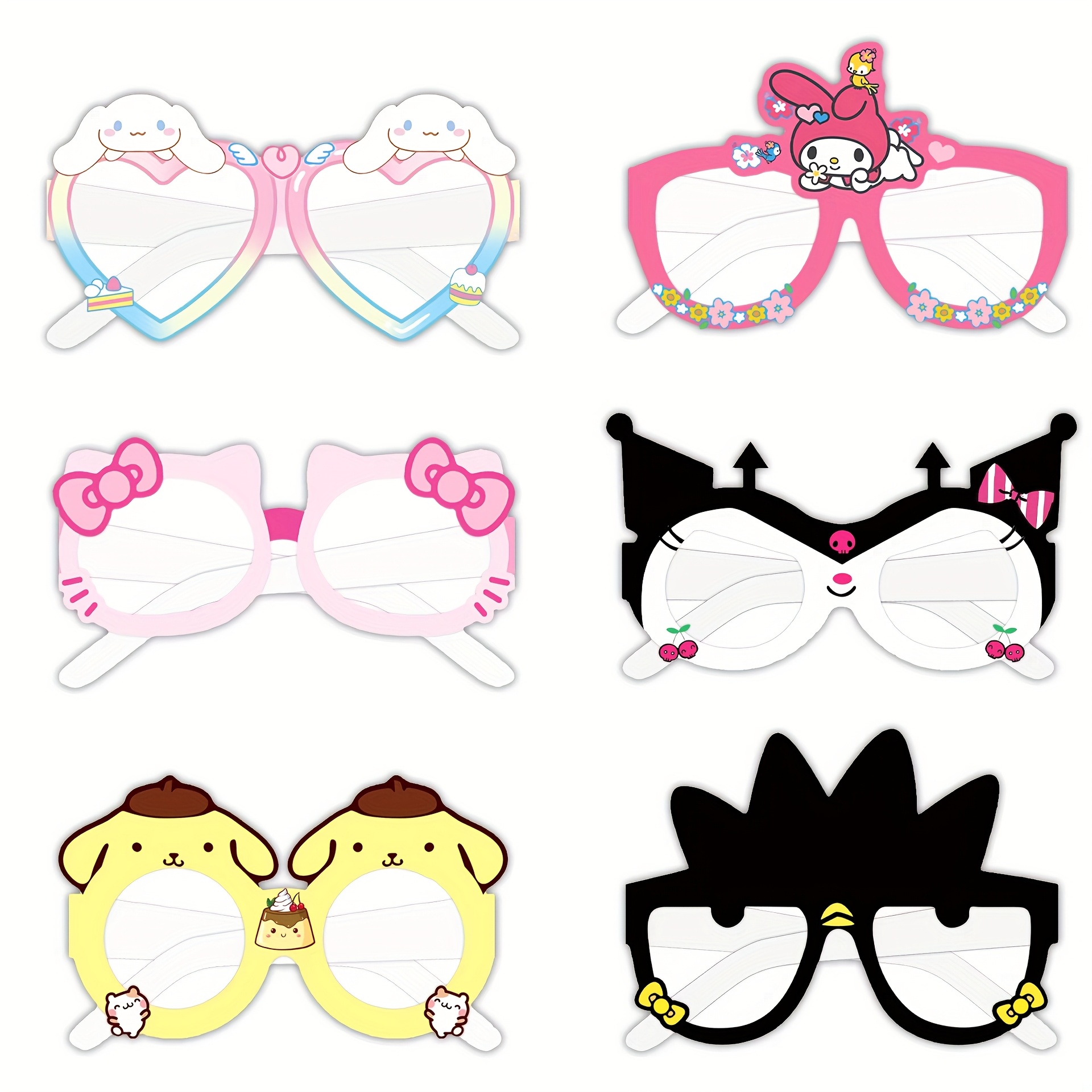 TEMU 12pcs Licensed Birthday Party Glasses Props Set Hello Kitty Kuromi My Melody Cinnamoroll Themed Paper Photobooth Eyewear Decorations With No