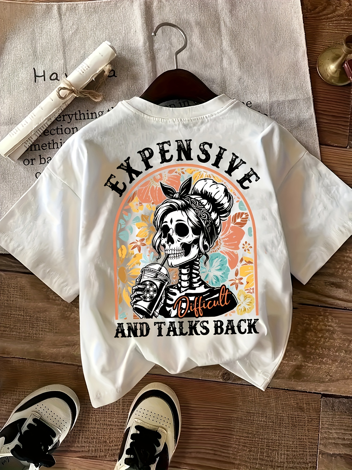 Funny Skull & Roses Graphic Tee For Women - Vintage Inspired Casual Short Sleeve Top - View #8