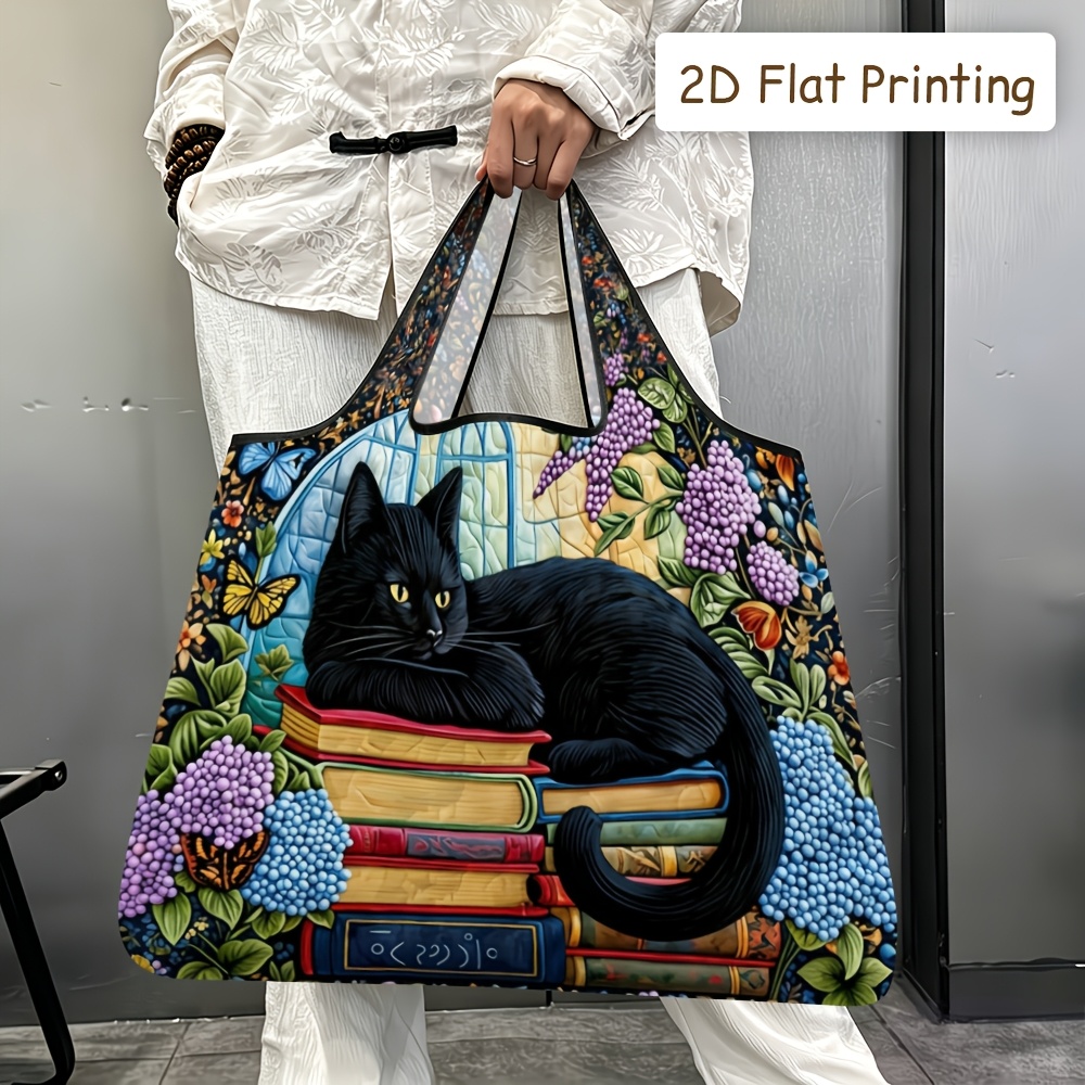 TEMU 2d Flat Printing, 1pc Foldable Tote Bag, Black Cat On Books Colorful Flowers Vintage Style Art Print Quilted Printed Tote Bag Soft-shouldered,